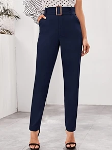 Buckle Belted Slant Pocket Cigarette Trousers - Navy Blue - View 4