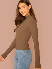 SHEIN 小高領緊身合身t恤 - 棕色 - 查看 3
