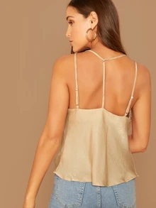SHEIN Double Strappy Draped Neck Satin Top - Khaki - View 2
