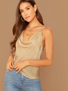 SHEIN Double Strappy Draped Neck Satin Top - Khaki - View 3