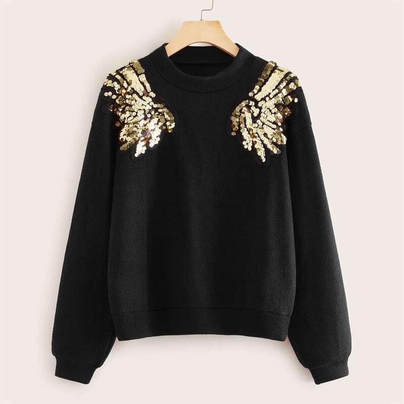 

Mock-neck Sequin Patched Sweater, Black
