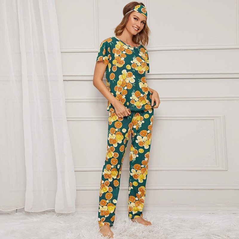 

Lemon Print Pajama Set With Eye Mask, Multicolor
