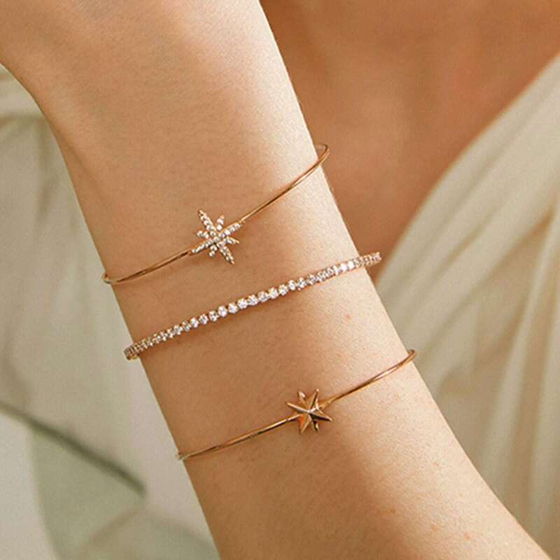 

Rhinestone Engraved Star Decor Bracelet 3pcs, Gold