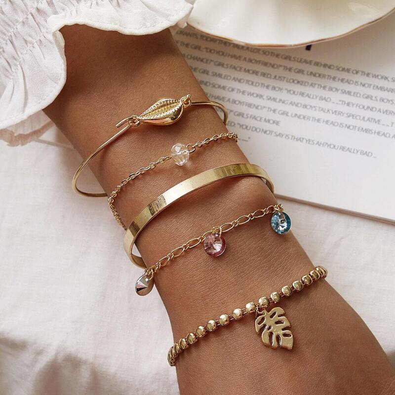 

Shell & Leaf Decor Bracelet 5pcs, Gold