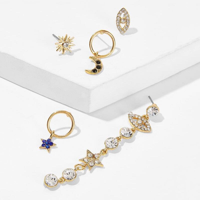 

Rhinestone Engraved Star & Moon Earrings 5pcs, Gold