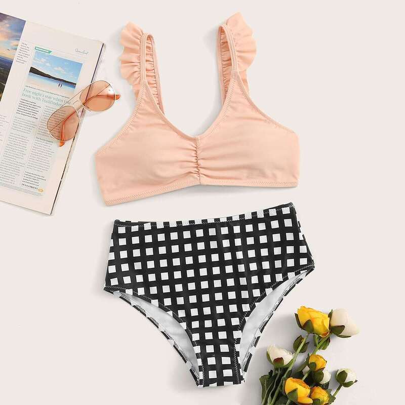 

Ruffle Trim Strap Top With Striped Bikini Set, Multicolor