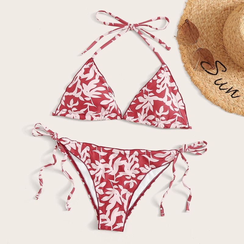 

Floral Triangle Halter Top With Tie Side Bikini, Red