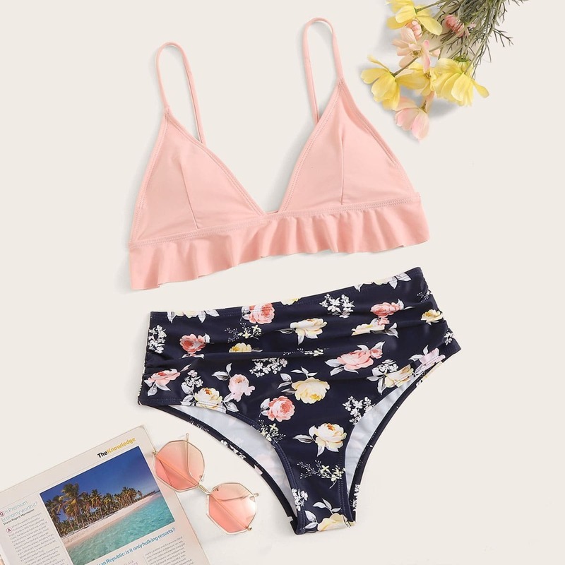 

Ruffle Hem Top With Floral High Waist Bikini, Multicolor