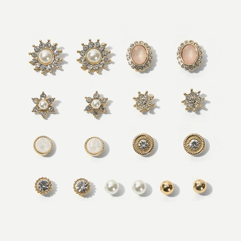 

Rhinestone Decor Flower & Faux Pearl Stud Earrings 9pairs, Multicolor