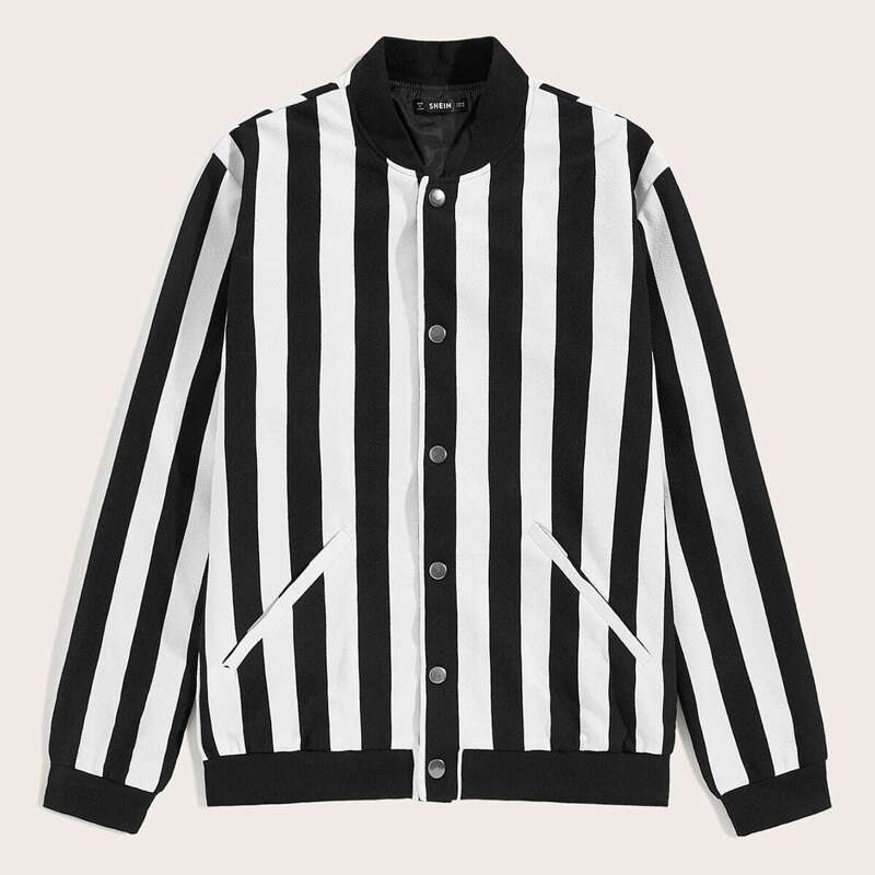 

Guys Button Front Slant Pocket Striped Jacket, Black and white