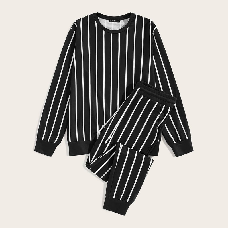 Guys Striped Pullover & Drawstring Waist Pants Set, Black