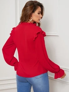 SHEIN Top z falbanką i guzikami z przodu - Czerwony - Zobacz 2