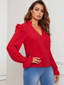 SHEIN Top z falbanką i guzikami z przodu - Czerwony - Zobacz 3