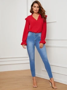 SHEIN Top z falbanką i guzikami z przodu - Czerwony - Zobacz 4