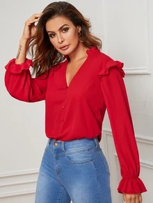 SHEIN Top z falbanką i guzikami z przodu - Czerwony - Zobacz 5