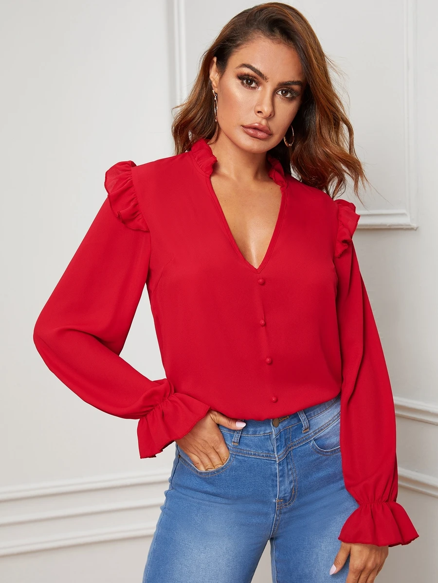 SHEIN Top z falbanką i guzikami z przodu - Czerwony - Zobacz 1