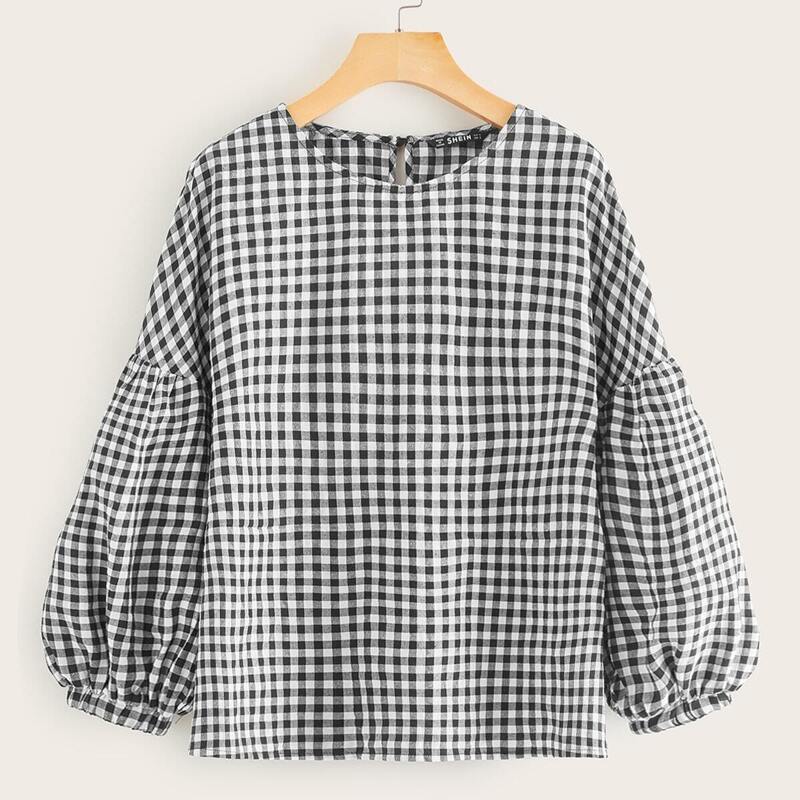 

Lantern Sleeve Gingham Print Blouse, Black and white