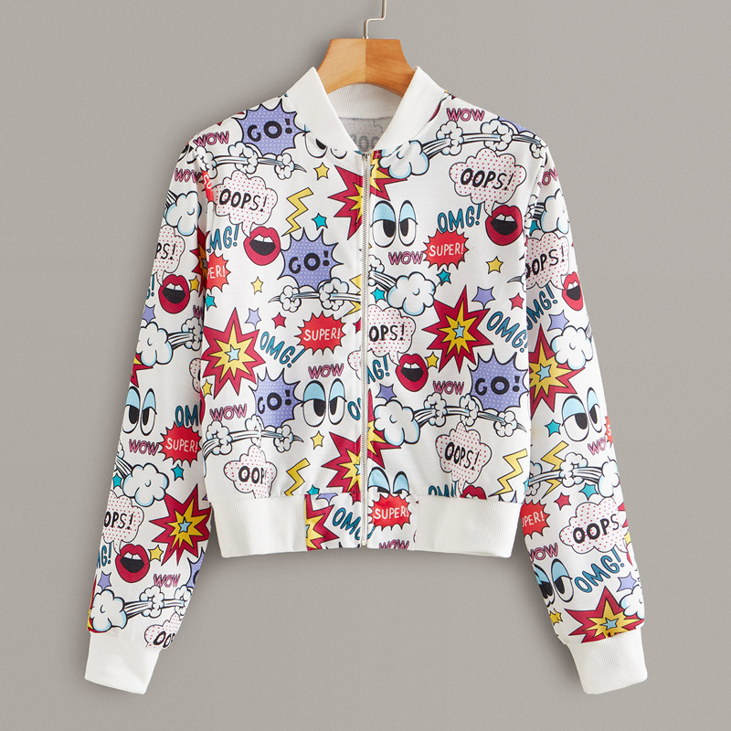 

Allover Comic Print Zip Up Bomber Jacket, Multicolor