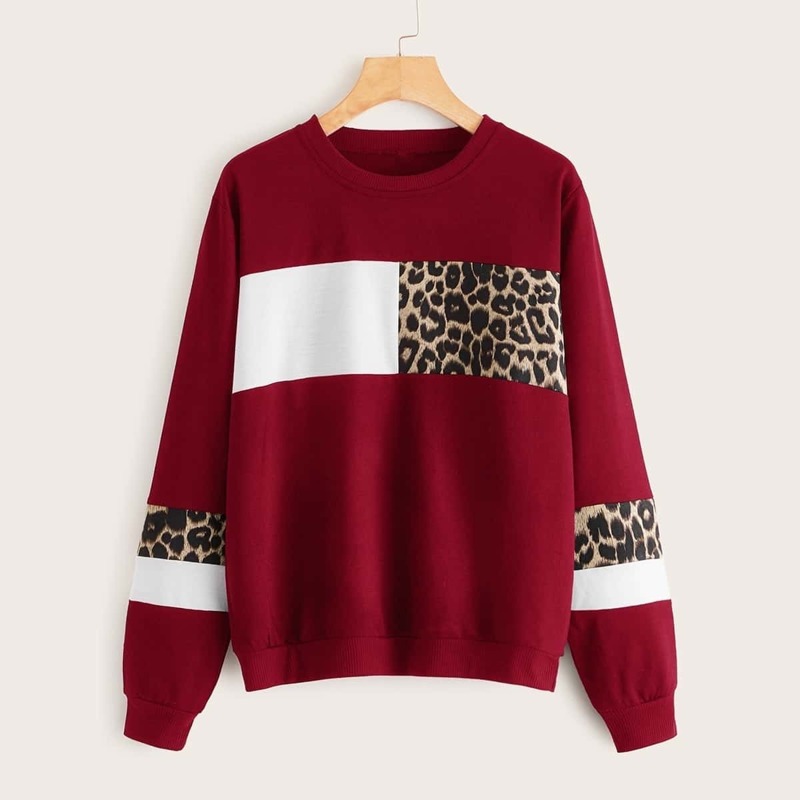 

Contrast Leopard Print Round Neck Sweatshirt, Burgundy