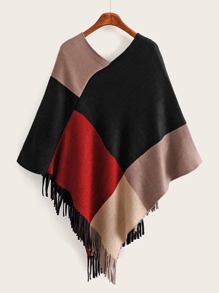 Color-Block Fringe Hem Poncho Sweater