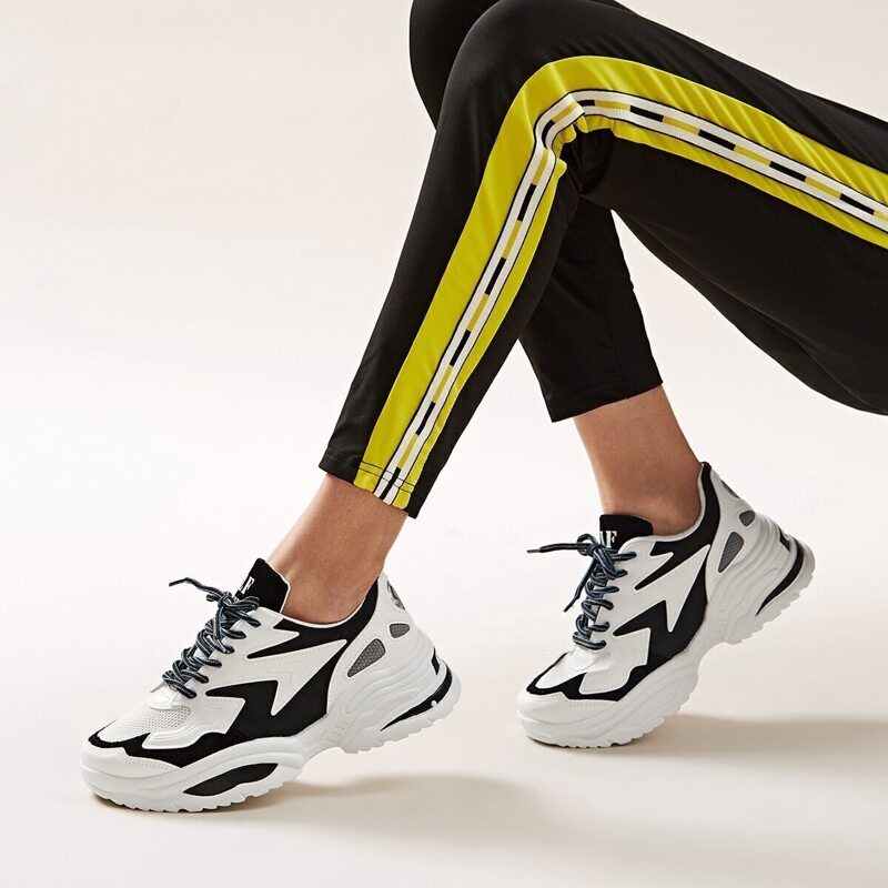 

Lace-up Front Chunky Sole Sneakers, Black and white