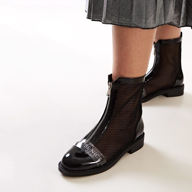 

Zipper Front Mesh Ankle Boots, Black