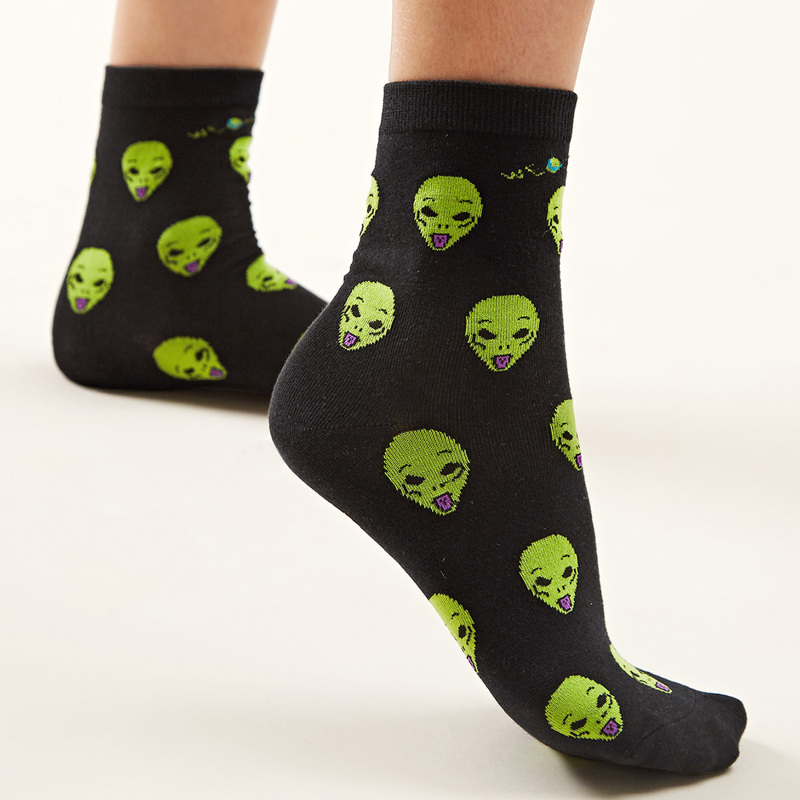 

Cartoon Alien Pattern Socks, Black