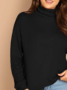 SHEIN Essnce Solid Turtleneck Waffle Knit Pullover - Black - View 4