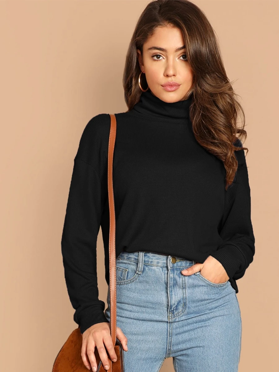 SHEIN Essnce Solid Turtleneck Waffle Knit Pullover - Black - View 1