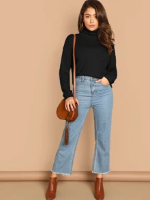 SHEIN Essnce Solid Turtleneck Waffle Knit Pullover - Black - View 5