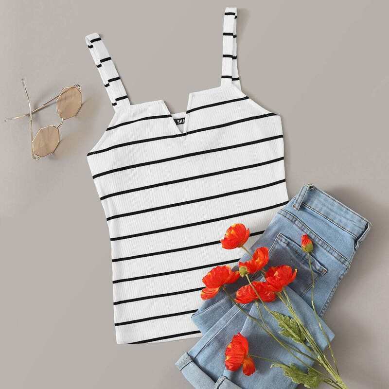 

V-cut Neck Striped Rib-knit Tank Top, White