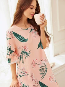 Camisón de dormir con estampado floral y volantes en el bajo - Rosa coral - Ver 5