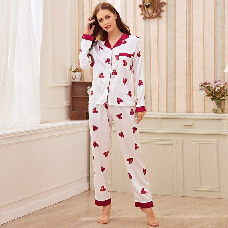 

Heart Print Satin Pajama Set, White