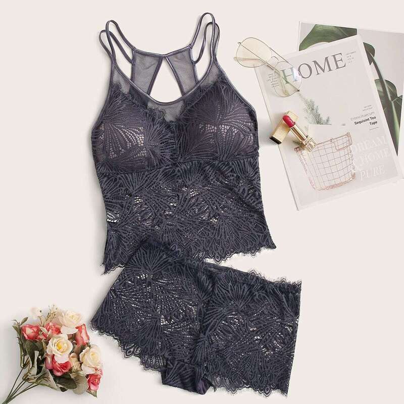 

Eyelash Lace Contrast Mesh Lingerie Set, Purple