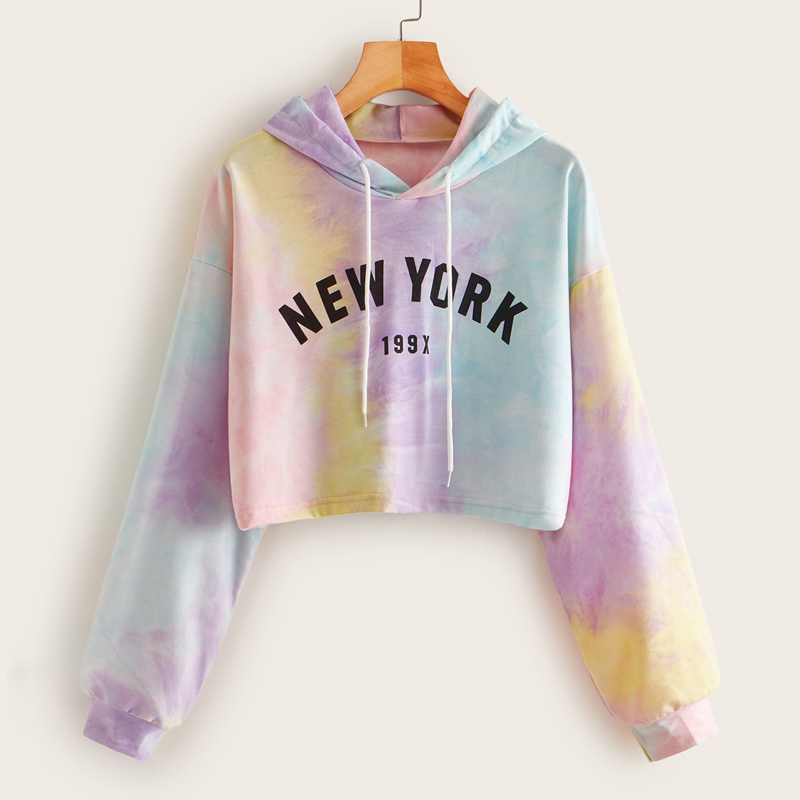 

Letter Print Tie Dye Drawstring Hoodie, Multicolor