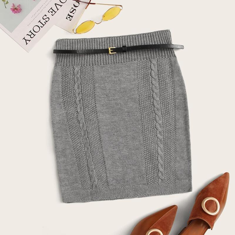 

Cable-knit Belted Sweater Skirt, Grey