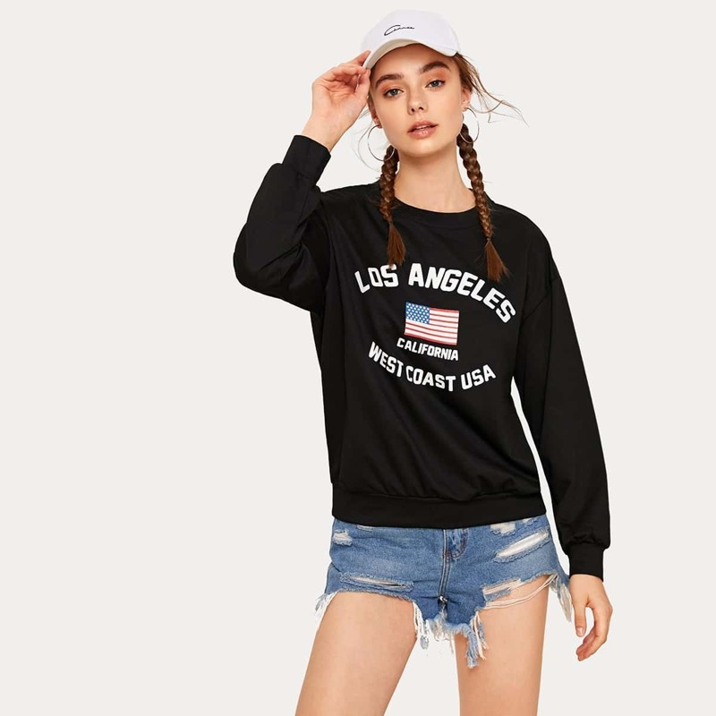 

Letter & Red White And Blue Print Sweatshirt, Black