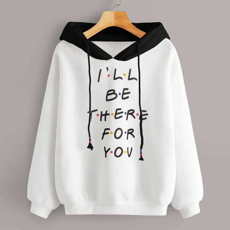 

Slogan Print Drop Shoulder Drawstring Hoodie, White