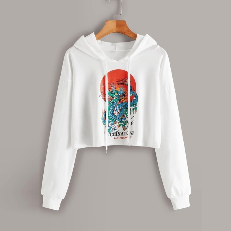 

Dragon Print Drawstring Crop Hoodie, White