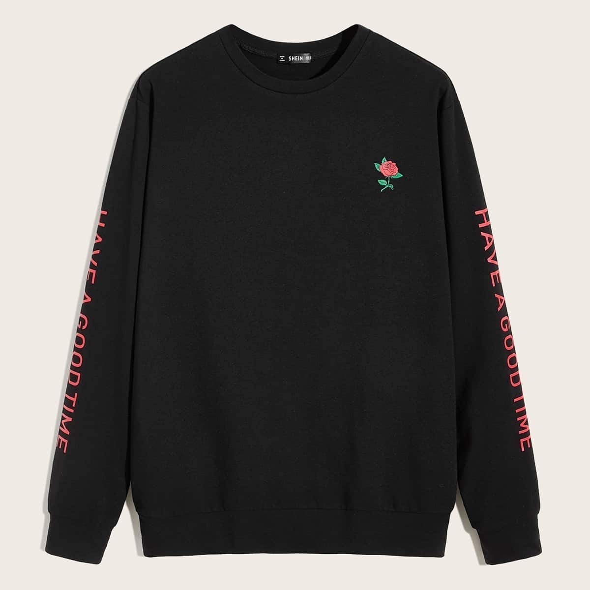 

Guys Rose and Slogan Print Sweatshirt, Black
