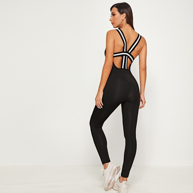 

Striped Tape Open Back Unitard Jumpsuit, Black