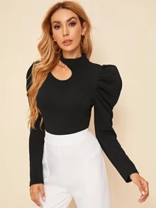 SHEIN Privé Cutout Gigot Sleeve Top - Black - View 5