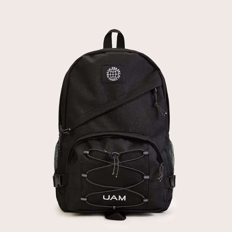 

Letter Embroidered Detail Oxford Backpack, Black