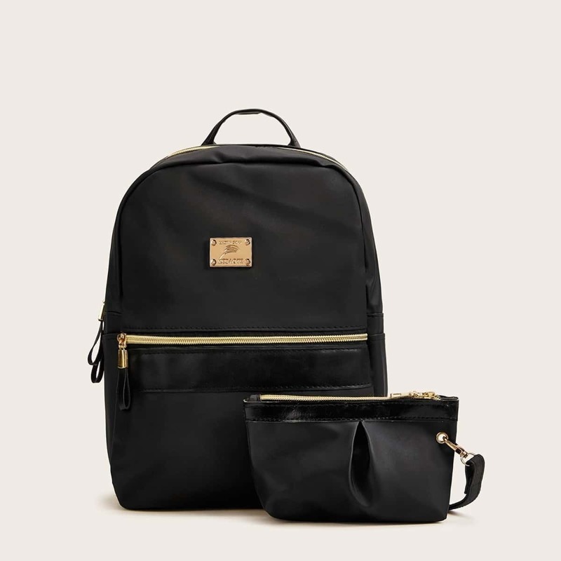 

Pocket Front Oxford Backpack With Clutch, Black