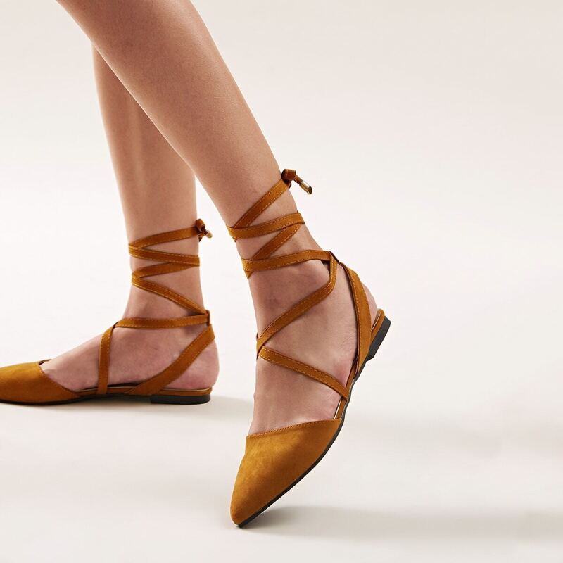 

Point Toe Tie Leg Ballet Flats, Brown