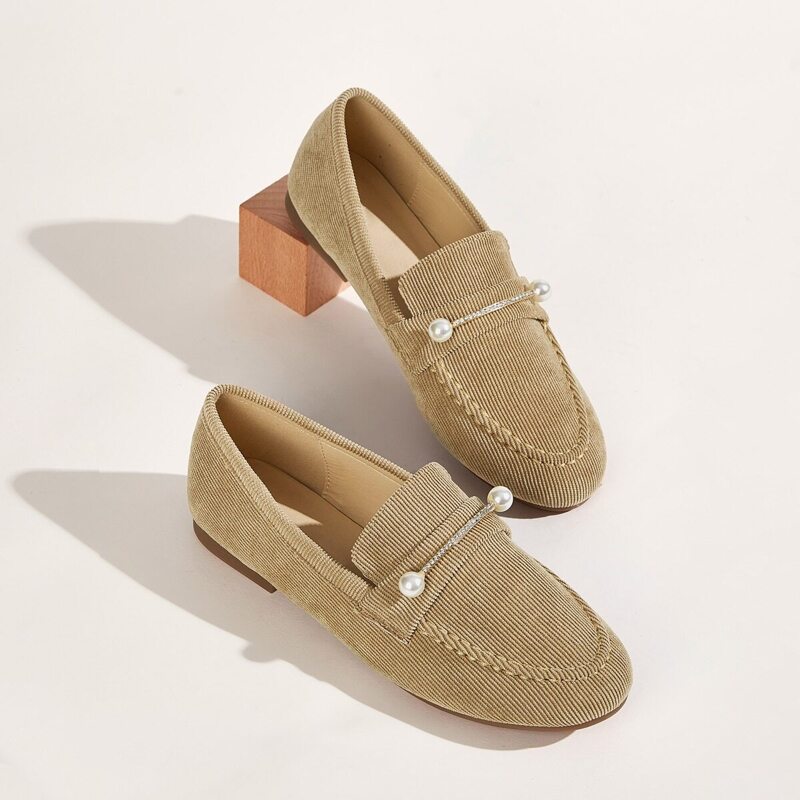 

Faux Pearl Decor Corduroy Loafers, Apricot