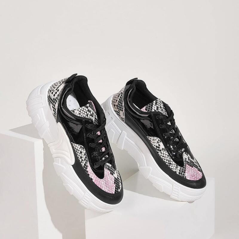 

Lace-up Front Snakeskin Print Chunky Sneakers, Multicolor