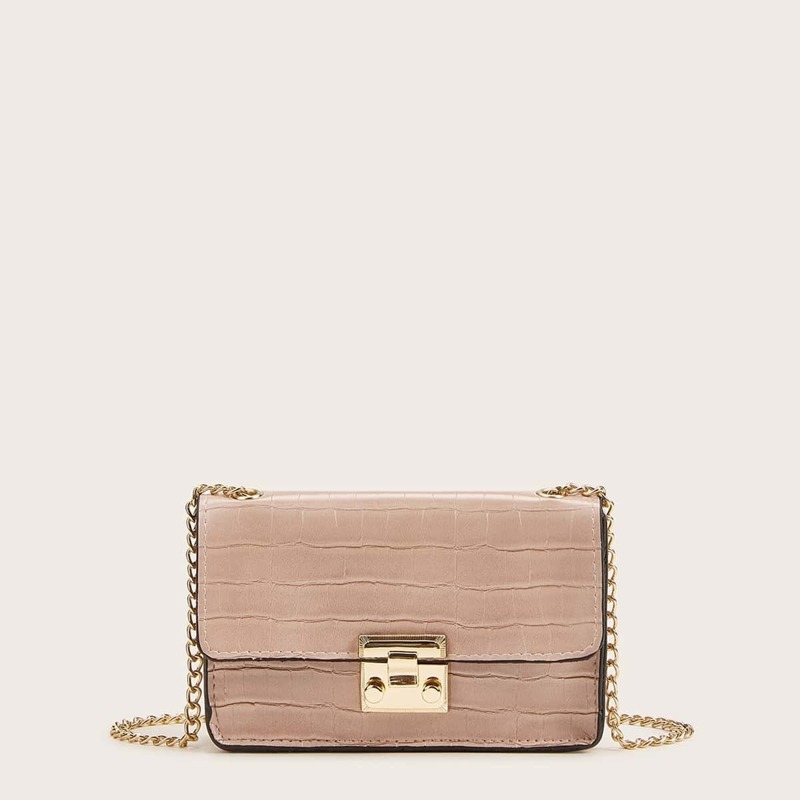 

Metal Lock Croc Embossed Chain Crossbody Bag, Pink