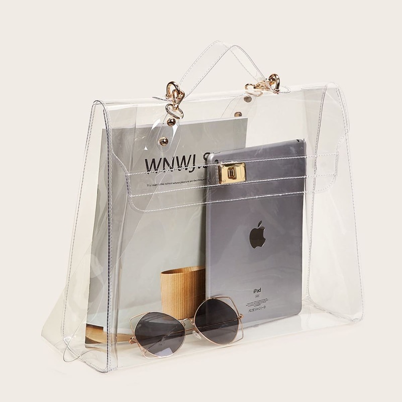 

Metal Lock Clear Satchel Bag, White