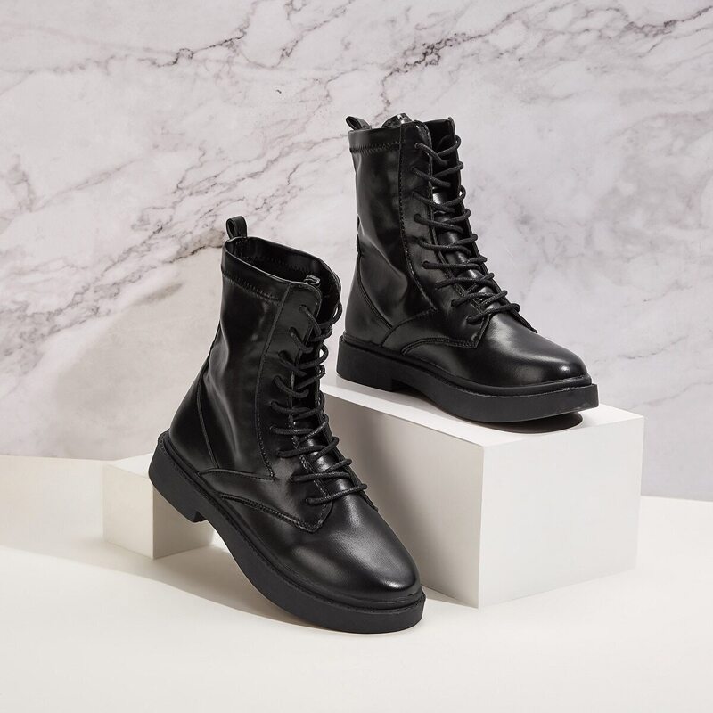 

Plain Lace-up Front Boots, Black